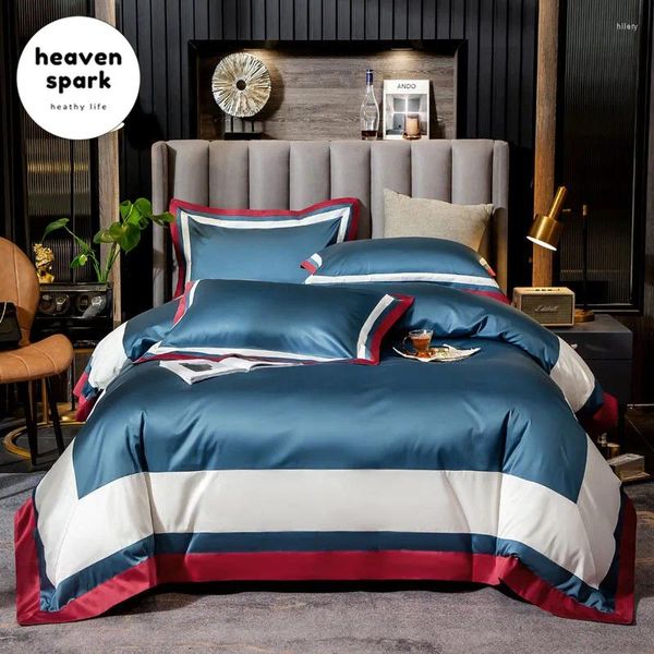 Conjuntos de ropa de cama de lujo 10 colores 100s azul azul marino blanco juego real home textil bed de algodón egipcio lino uk satin dudrend king size