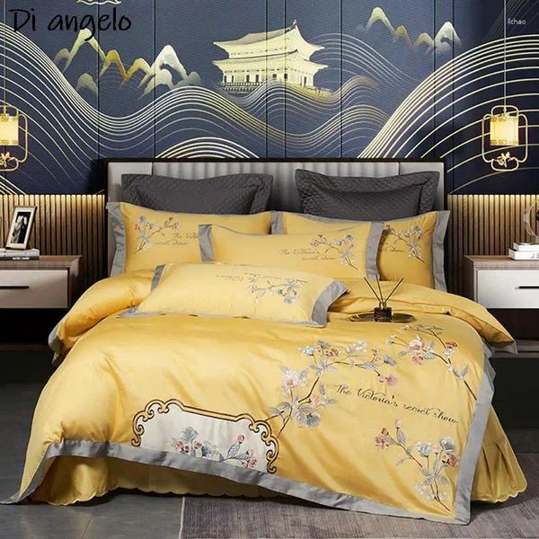 Ensembles de literie de luxe 1000TC coton égyptien jaune fleurs pastorales broderie 100S ensemble housse de couette drap de lit taies d'oreiller #/L