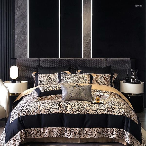 Juegos de cama de lujo 1200TC algodón egipcio moda moderna estampado de leopardo conjunto funda nórdica edredón suave sábana fundas de almohada