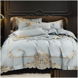 Beddengoedsets Luxe 1400Tc Natuurlijk Egyptisch Katoen Gouden Borduurset Queen King Quiltdekbed Er Beddengoed Hoeslaken Kussensloop Dr Dhunf