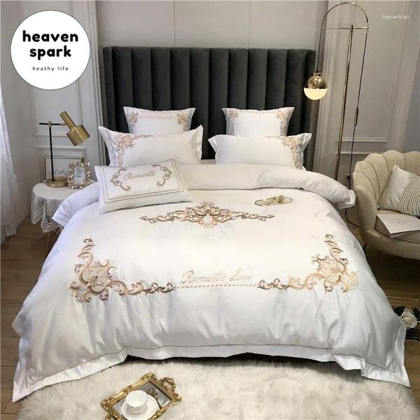 Conjuntos de ropa de cama Luxury 600TC Royal Cinco Bordado Bordado Set de algodón egipcio 220x240 con funda de seda de seda