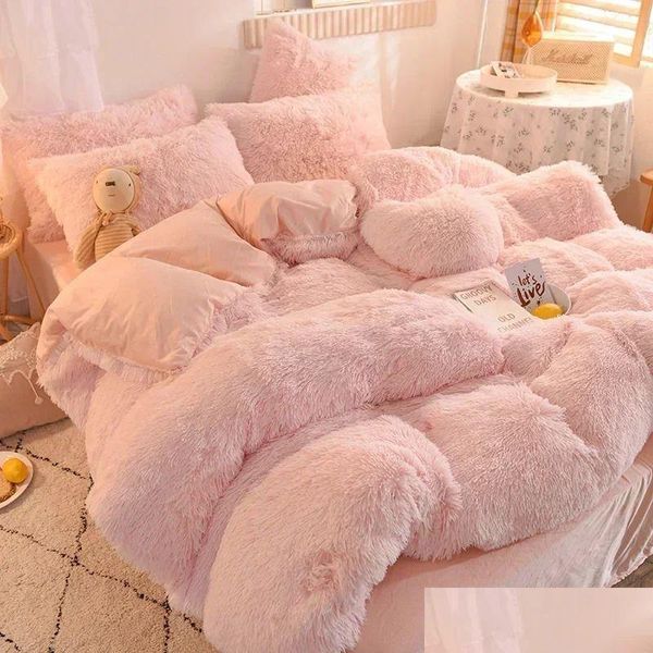 Ensembles de literie Luxe Automne Hiver Chaud Rose Ensemble P Kawaii Mink Veet Queen Couette Er avec des draps Simple Double Drop Livraison Accueil Garde DHCUN