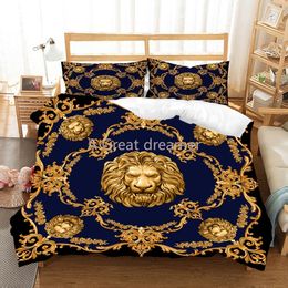 Juegos de cama Lujo Barroco Arte moderno 3D Golden Lion Ropa de cama Animal Juego de ropa de cama Juego de funda nórdica 23 PCS Funda de cama individual doble de microfibra 230204