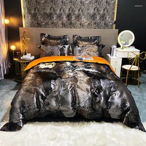 Ensembles de literie Luxe Noir / Or Jacquard et Coton égyptien Ensemble Satin Soyeux Couette / Housse de couette Linge de lit Drap-housse Taies d'oreiller