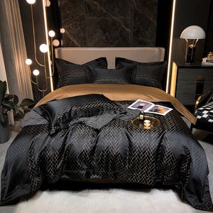 Beddengoedsets Luxe Zwart Goud Garengeverfd Jacquard Egyptisch Katoenen Beddengoed Set Satijn Glad Dekbedovertrek FlatFitted Laken Kussenslopen 4 Stuks 221208