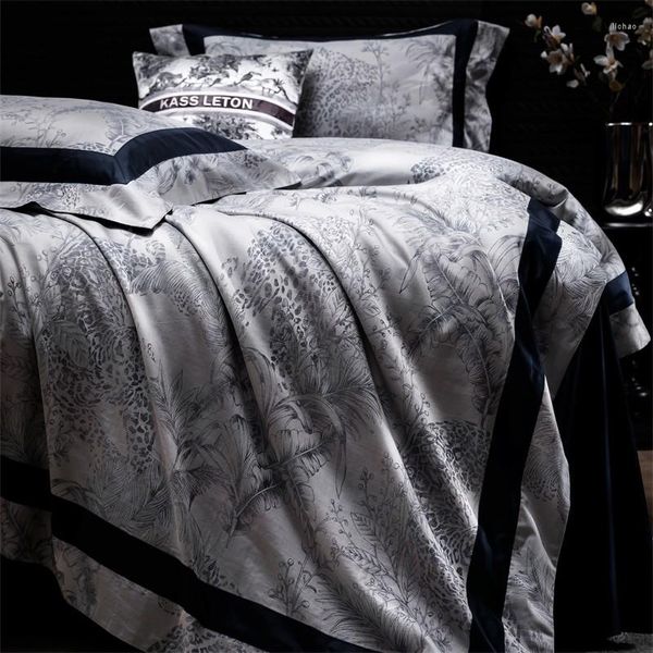 Conjuntos de ropa de cama de lujo negro gris patchwork conjunto suave sedoso 1000tc algodón selva tropical bosque funda nórdica sábana fundas de almohada