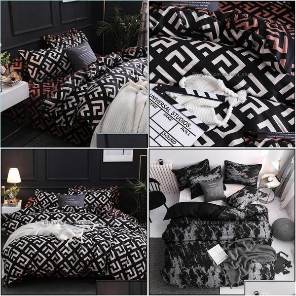 Conjuntos de ropa de cama Conjunto negro de lujo Queen King Single Fl Tamaño Poliéster Ropa de cama Edredón Er Modern Bird Plaid con funda de almohada Entrega de entrega Dhlly