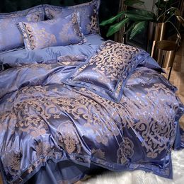 Ensembles de literie Luxe bleu or gris lisse doux ensemble de literie Satin Jacquard coton reine roi housse de couette drap de lit taies d'oreiller Textiles de maison 230506