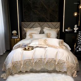 Ensembles de literie de luxe Champagne haute précision Satin coton égyptien princesse ensemble dentelle housse de couette drap de lit taies d'oreiller 4/7 pièces