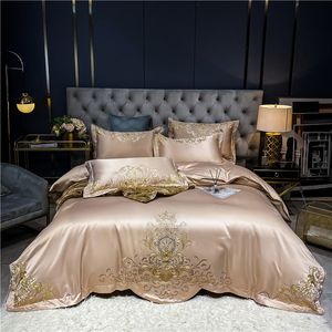 Ensembles de literie Luxe Champagne Satin Coton Or Broderie Ensemble Doux Lisse Jacquard Housse de Couette Couette Linge de Lit Taies d'oreiller 221129