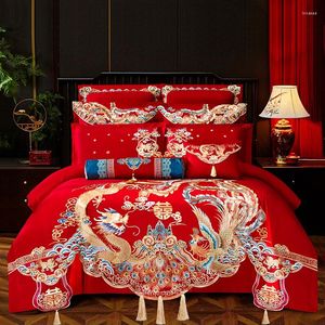 Ensembles de literie Luxe chinois mariage 4/6/9 pièces ensemble satin coton égyptien or longue broderie phénix housse de couette drap de lit taies d'oreiller