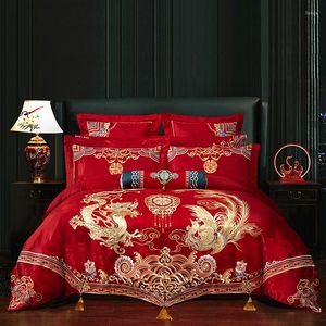 Ensembles de literie de mariage chinois de luxe 4/6/9 pièces ensemble Satin Jacquard coton or Long Phoenix broderie housse de couette drap de lit taies d'oreiller