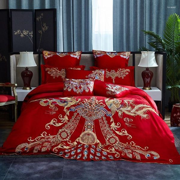 Juegos de ropa de cama de lujo de estilo chino de boda de algodón 4/6/9 Uds conjunto clásico largo bordado de Fénix funda de edredón sábana fundas de almohada