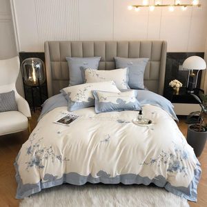 Juegos de cama de lujo elegante bordado de flores 100S algodón egipcio conjunto funda nórdica edredón cama sábana ajustable
