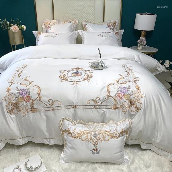 Conjuntos de ropa de cama de lujo estilo europeo flores blancas bordado 600tc satin algodón juego de algodón nórdico cubierta cama de almohadilla de almohadilla ajustada