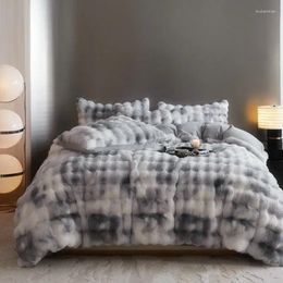Ensembles de literie Luxury Faux Fur Velvet Fleece Gradient Blue Grey Set Plux Soft Couvrette Plat / Ajusté Détage de lit