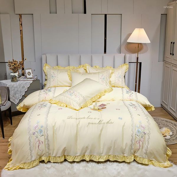 Ensembles de literie de luxe fleurs broderie princesse volants ensemble coton égyptien couette/housse de couette lit couette lin taies d'oreiller