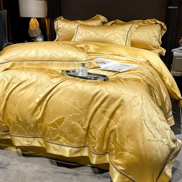 Conjuntos de ropa de cama Luxury Gold 1000TC Algodón egipcio Satén Jacquard Set Soft Silkness Hojas Textura Funda nórdica Sábana Fundas de almohada