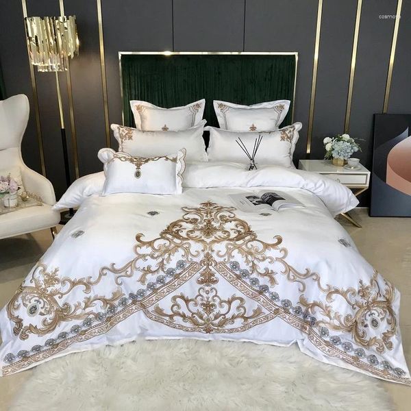 Conjuntos de ropa de cama Bordado de oro de lujo 60s Satin Silk Algody Set Tapa Doble Divet Bed Lino de almohadilla de almohadilla ajustada Home Textil