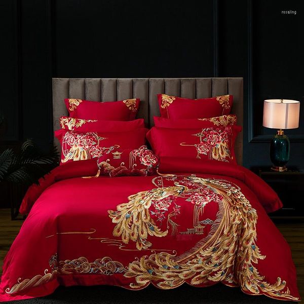 Juegos de cama de lujo oro Fénix bordado rojo chino boda 100S algodón egipcio conjunto funda nórdica sábana colcha funda de almohada