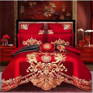 Ensembles de literie De Luxe Or Phoenix Loong Broderie Ensemble De Literie Style Chinois De Mariage Pur Coton Rouge Housse De Couette Drap De Lit Linge Taies D'oreiller 221010