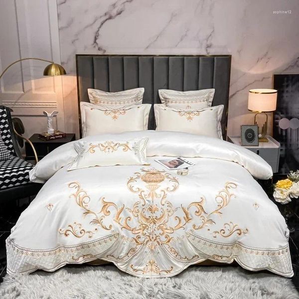 Conjuntos de ropa de cama Luxury Gold Royal Satin y algodón Set Smooth Doble Duvet Cubierta de edredón de almohadas de edredón