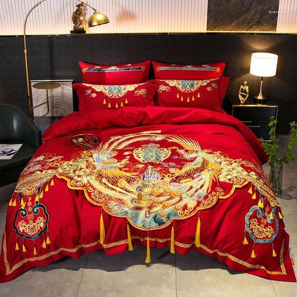 Juegos de cama de lujo dorado exquisito bordado artesanal rojo boda satén algodón egipcio conjunto edredón cubierta colcha acolchada ropa de cama