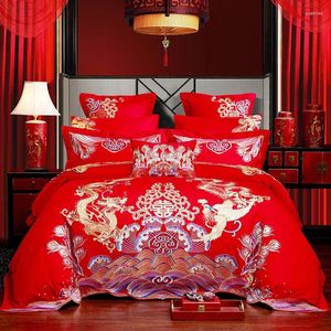 Ensembles de literie Luxury Golden Loong Phoenix broderie princesse set chinois mariage rouge Egypte en coton coton couverture de lit