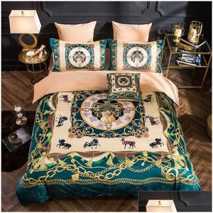 Ensembles de literie Luxe Vert Hiver Designer Veet Queen King Taille Couette Er Drap de lit Taies d'oreiller Cheval Imprimé Créateurs de mode Comforte Dhw6E