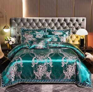 Ensembles de literie Ensemble Jacquard de luxe Accueil Queen King Size Ensemble de lit 4pcs Housse de couette Taies d'oreiller Drap de lit Émeraude 230921