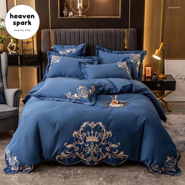 Conjuntos de ropa de cama Luxury azul marino bordado egipcio algodón Italia italia para el hogar juego de cama textil con cubierta nórdica/caja de almohada/sábana 220x240