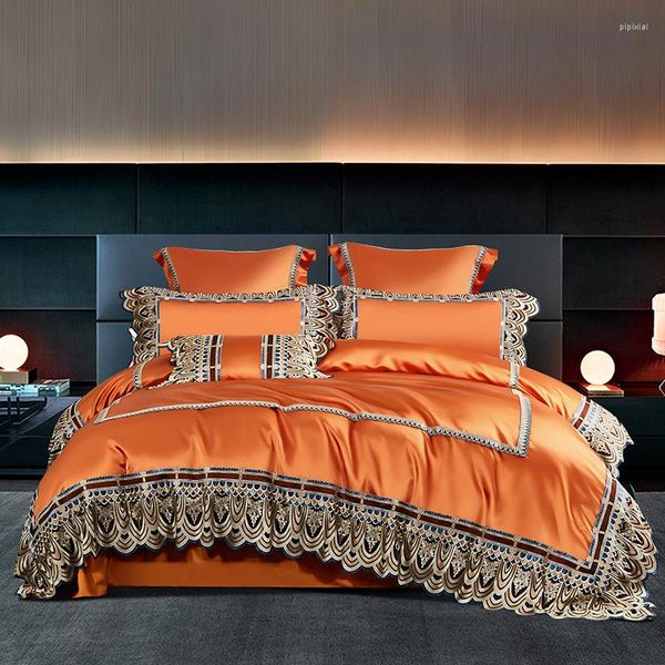 Conjuntos de ropa de cama Lujo Naranja Púrpura Juego de algodón de alta precisión Chic Borde de encaje suave Funda nórdica Fundas de edredón Sábana Funda de almohada