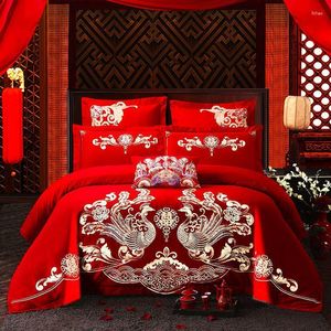 Ensembles de literie Luxe Phoenix Broderie Ensemble Chinois Royal Mariage Rouge Coton Princesse Couette / Housse de couette Drap de lit Taies d'oreiller