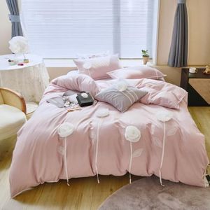 Ensembles de literie Ensemble de princesse de luxe doux et respirant 400TC coton lavé fleurs tricotées à la main housse de couette couette linge de lit taies d'oreiller