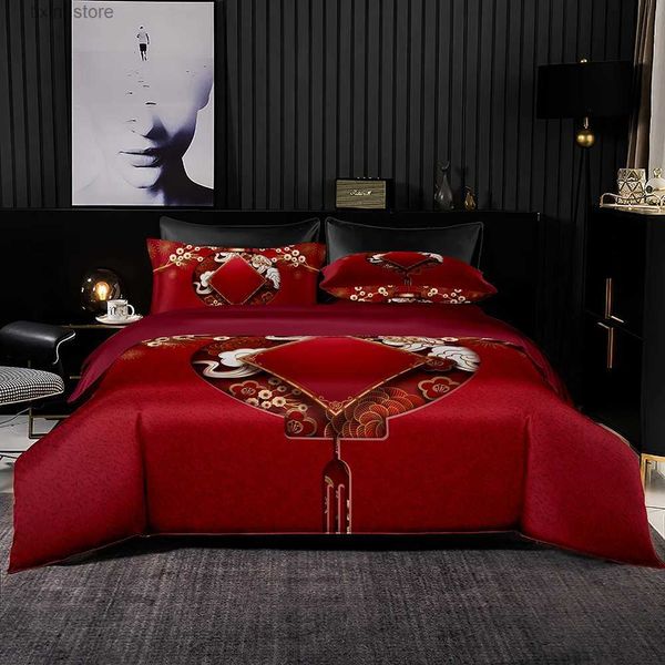 Juegos de ropa de cama Juego de cama rojo de lujo con estampado de nudo chino, funda nórdica de 200x200 con funda de edredón de 264x228, juego de cama tamaño King doble T240218