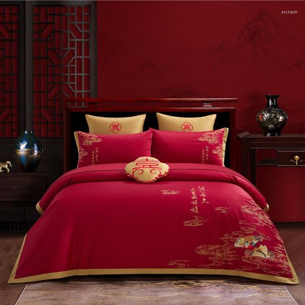 Juegos de cama de lujo rojo estilo chino boda bordado satén algodón conjunto funda nórdica ropa de cama fundas de almohada textiles para el hogar