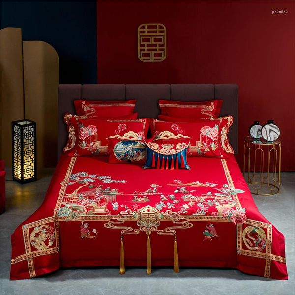 Ensembles de literie de luxe rouge mariage chinois 4/6/9 pièces ensemble 1200TC coton égyptien broderie glands housse de couette drap de lit taies d'oreiller