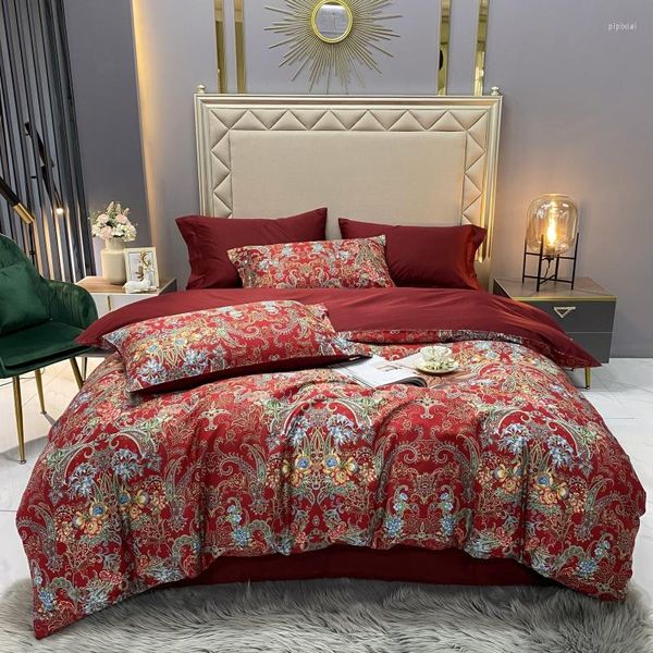 Juegos de ropa de cama Juego de satén de algodón con estampado digital rojo de lujo Funda nórdica de alta densidad Ropa de cama Fundas de almohada Textiles para el hogar