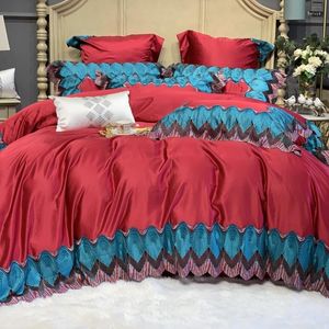 Ensembles de literie de luxe en coton égyptien rouge ensemble de dentelle de mariage européen doux soyeux housse de couette drap de lit ou couvre-lit taies d'oreiller 4/7 pièces