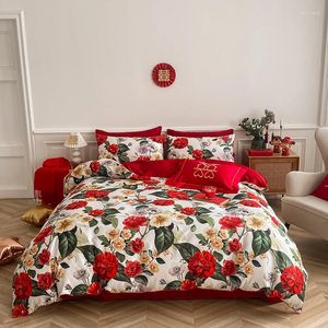 Conjuntos de ropa de cama Luxury Red Wedding Juego de flores amigables para la piel Colcha de impresión digital/tapa nórdica Camilla de almohadilla de lámina ajustada