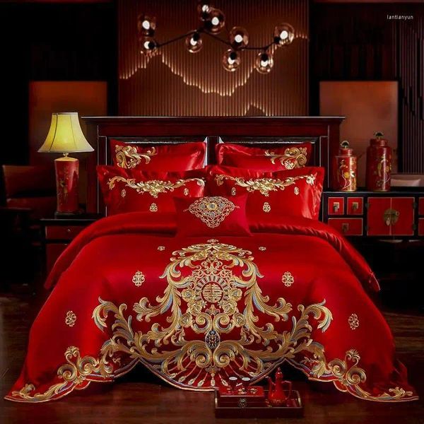 Conjuntos de ropa de cama Luxury Red Style Gold Bordery Bordery Set de algodon