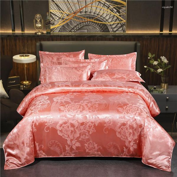 Juegos de cama Juego de Jacquard de satén de lujo Funda de edredón de color rosa dorado Edredón simple nórdico Sábana para mujer Textiles para el hogar