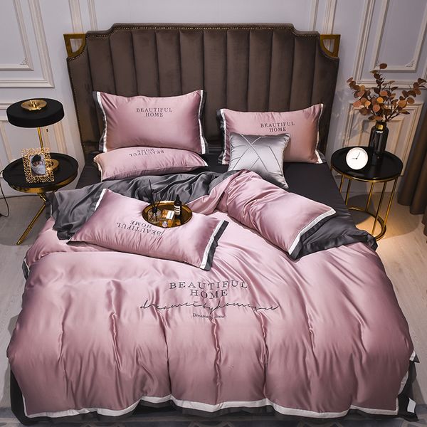 Sets de cama de lujo de lujo Pink Grey White Rayon Bordado de bordado Colchón de almohada de almohada Cómoda suave y esponjosa reina 4pcs 230817