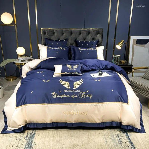 Ensembles de literie Luxury Smooth Soft 600TC Silk Cotton Set Gold Wing Brodemery Couvrette de lit de lit ajustée