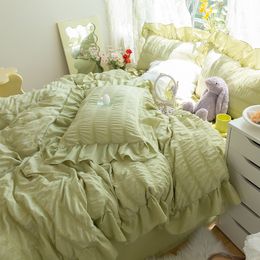 Ensembles de literie De Luxe Super Doux Seersucker Tissu Princesse À Volants Ensemble Reine King Size Couette Housse De Couette Et Taies D'oreiller Lit Double 221205