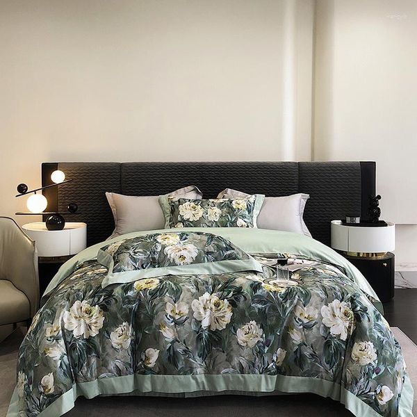 Conjuntos de ropa de cama Lujo Vintage Pintura al óleo Estilo Planta Flores Conjunto Suave Sedoso 1000TC Algodón Egipcio Funda nórdica Sábana Fundas de almohada