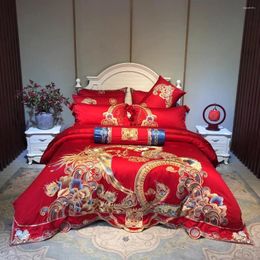 Ensembles de literie ensemble de mariage de luxe 100S coton égyptien chinois or Loong Phoenix broderie housse de couette couvre-lit linge de lit taie d'oreiller