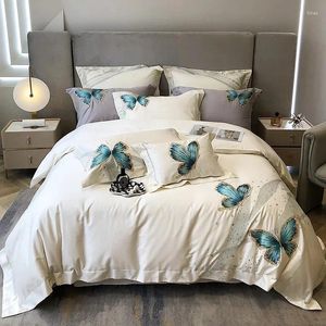 Ensembles de literie de luxe blanc 1000TC ensemble de coton égyptien bleu papillon broderie satin doux housse de couette drap de lit taies d'oreiller