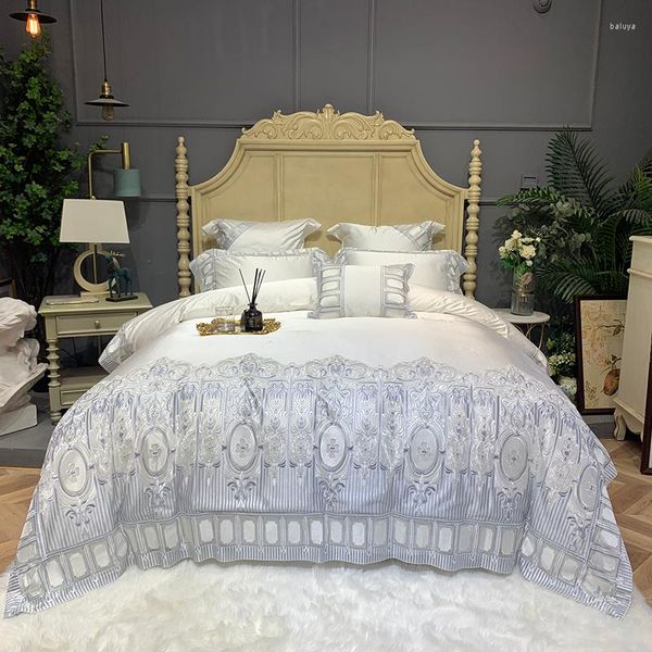 Ensembles de literie de luxe blanc coton égyptien princesse mariage dentelle ensemble Satin soyeux housse de couette drap de lit ou couvre-lit taies d'oreiller