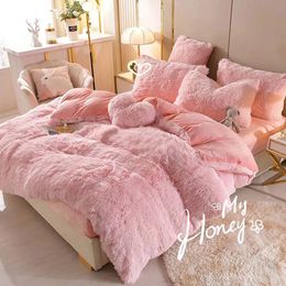 Beddengoedsets Luxe winterwarm lang pluche roze beddengoedset Queen Mink Velvet dubbele dekbedovertrekset met hoeslaken Warmtedekbedovertrekken 231211